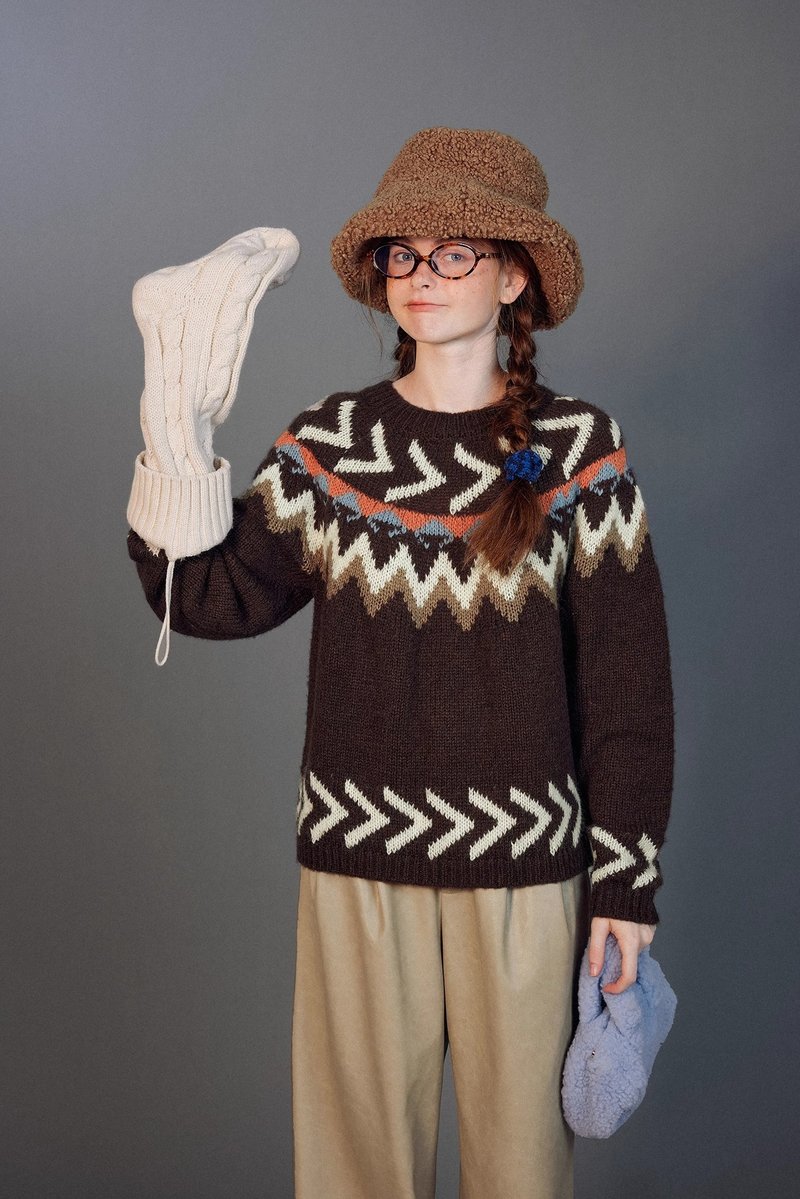 日系复古 摩天轮提花羊毛针织上衣 - 女装针织衫/毛衣 - 其他材质 咖啡色