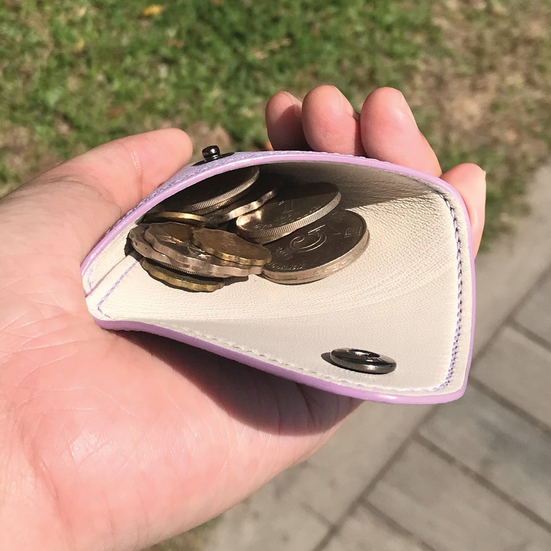 粉紫色十字纹牛皮 皮革零钱包 真皮散纸包 硬币收纳包 双面打开 - 零钱包 - 真皮 紫色