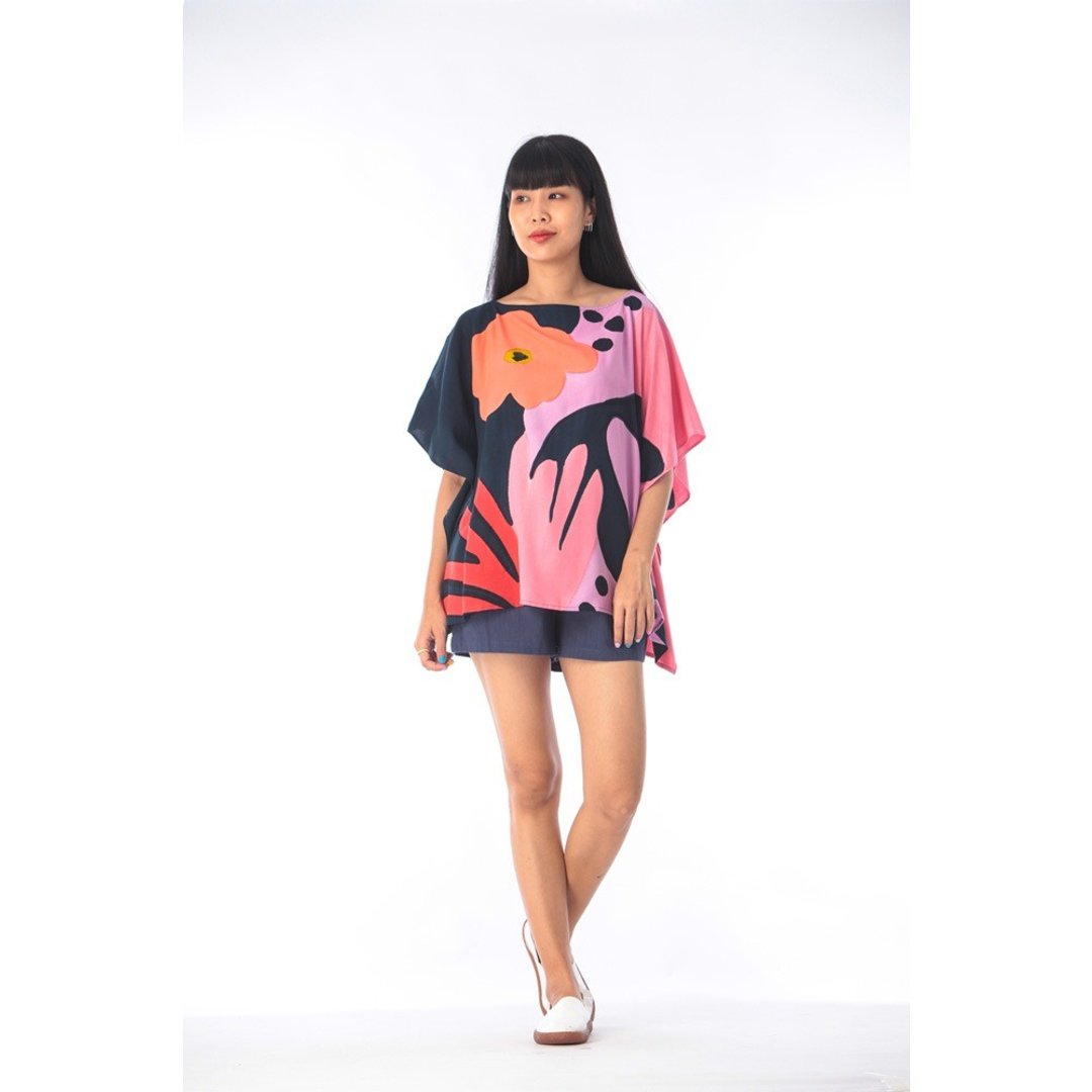 Poncho Blouse Cotton Silk Hand Painted for Summer resort vac - 女装上衣 - 棉 粉红色