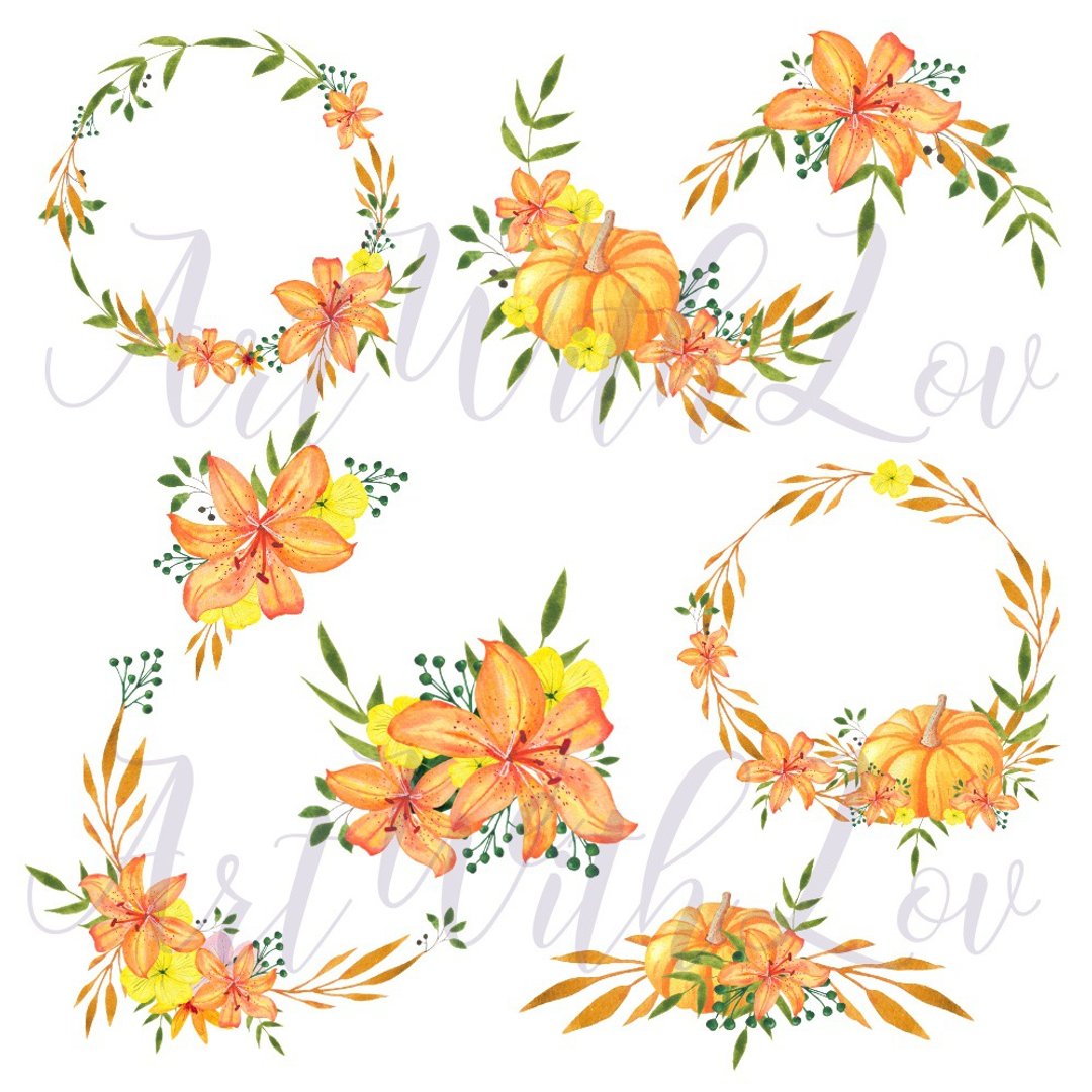 orange lily and pumpkin, watercolor clipart - 电脑手机桌布/贴图/App 图示 - 其他材质 