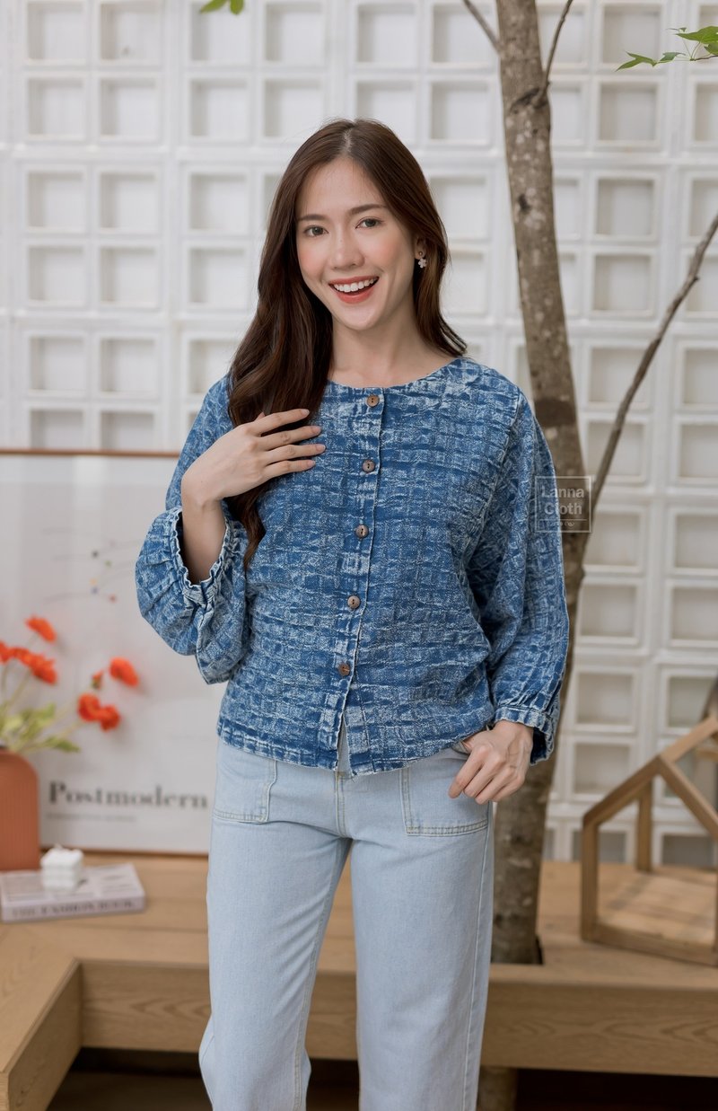 格子图案石洗棉质衬衫。 - 女装上衣 - 棉．麻 