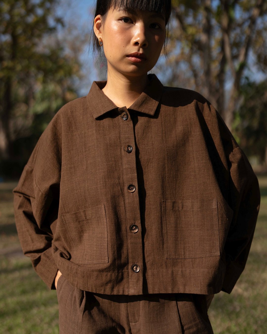 Brown Ray Shirt - 手工编织长袖衬衫 - 女装衬衫 - 棉 咖啡色