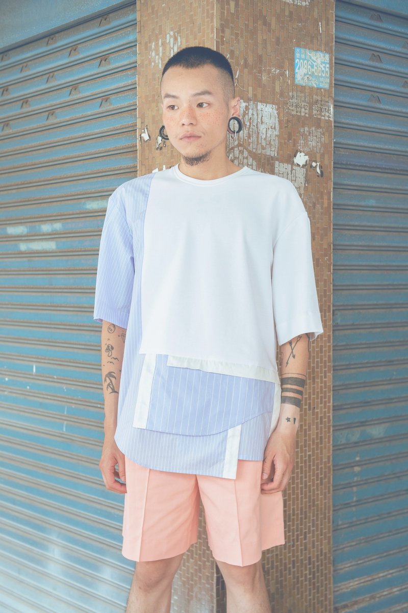 解构衬衫裁片短袖上衣(191T03) - 中性连帽卫衣/T 恤 - 棉．麻 白色