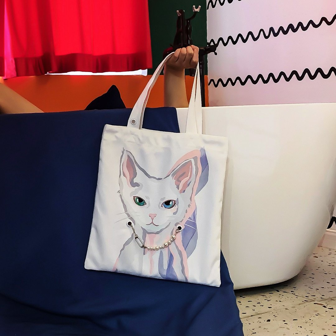 猫咪双面插画帆布包-卷毛猫(包链项链两用) - 手提包/手提袋 - 聚酯纤维 白色
