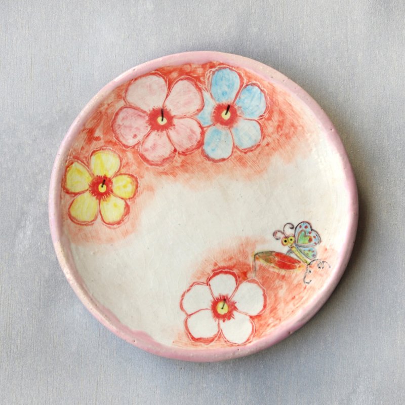 手绘花卉与蝴蝶图案盘 - 盘子/餐盘/盘架 - 陶 粉红色