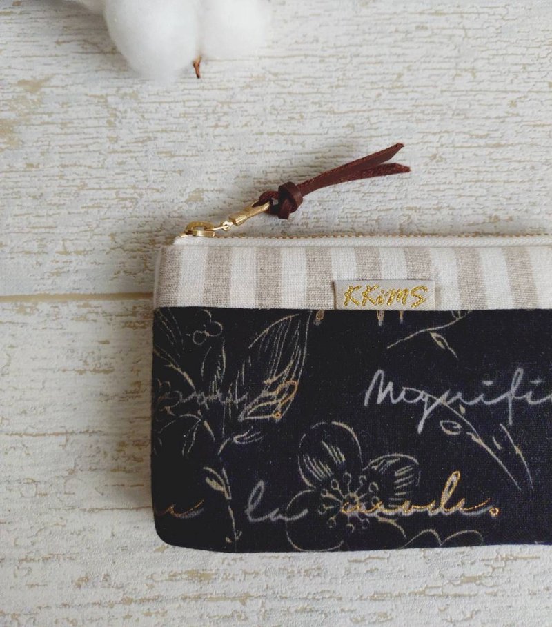 现货!【FWL/四层小钱包】花藏英伦 黑金 烫金 点点 先染 条纹 - 零钱包 - 棉．麻 黑色