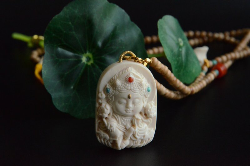 【垂睫】天然猛犸象牙扎基拉姆吊坠项链冰咖料珠链 - 项链 - 宝石 白色