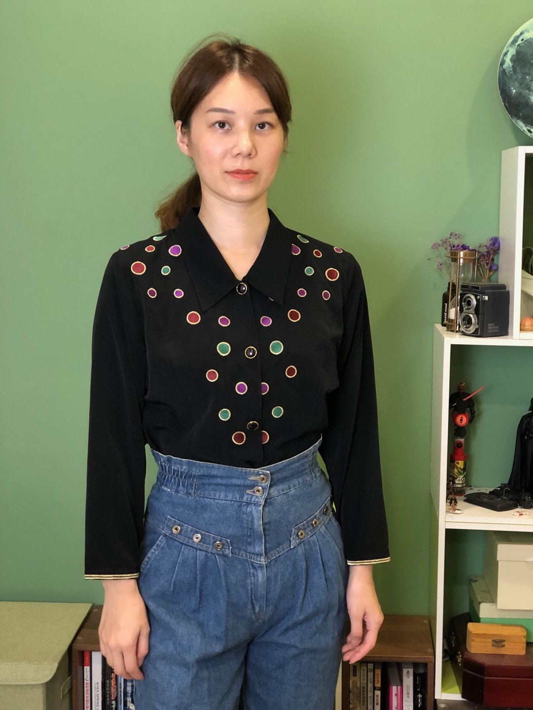 彩色点点黑色长袖衬衫 - 女装衬衫 - 其他材质 