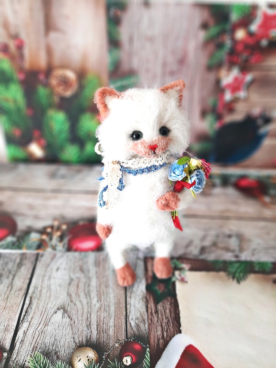 Wool cat doll toy  Eco-friendly miniature Cat Decor Small beige kitty - 玩偶/公仔 - 羊毛 灰色