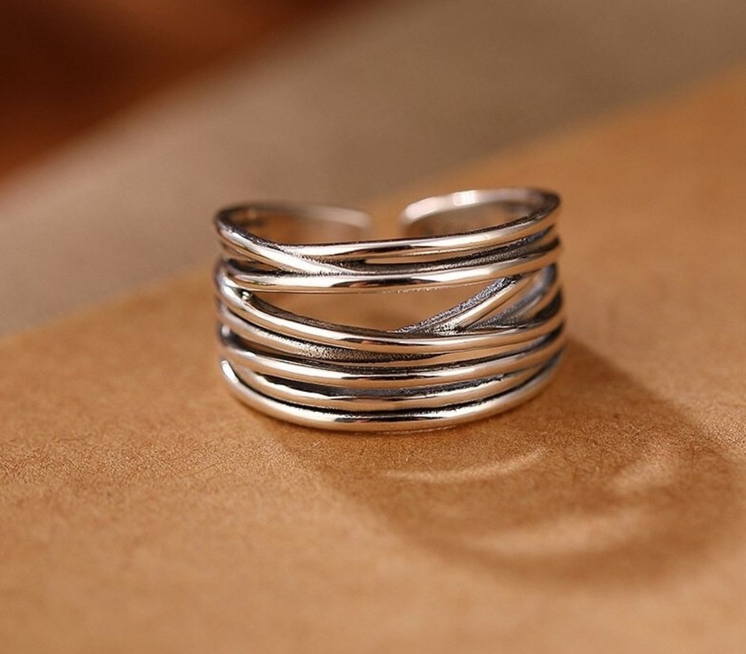 Multi Silver Lines Crossed Hollow Wide Rings Women Glossy 925 Sterling Silver - 戒指 - 纯银 银色