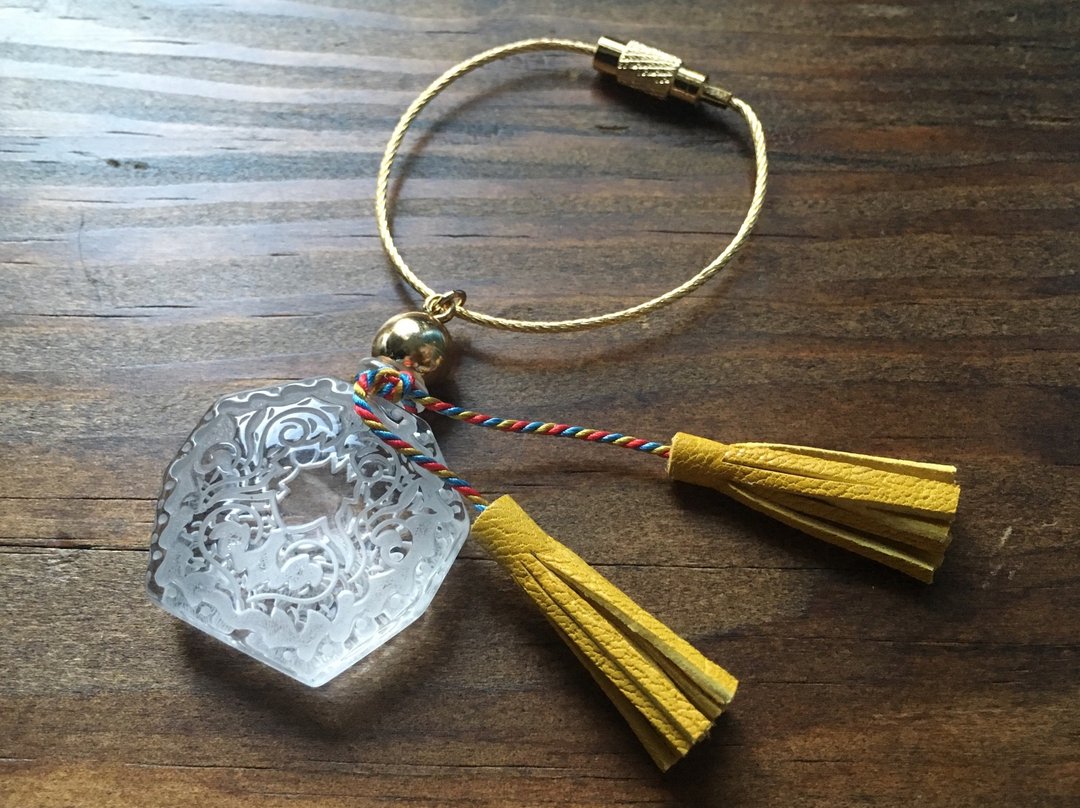 Vintage glass and French goat leather tassel bag charm crystal - 项链 - 真皮 黄色