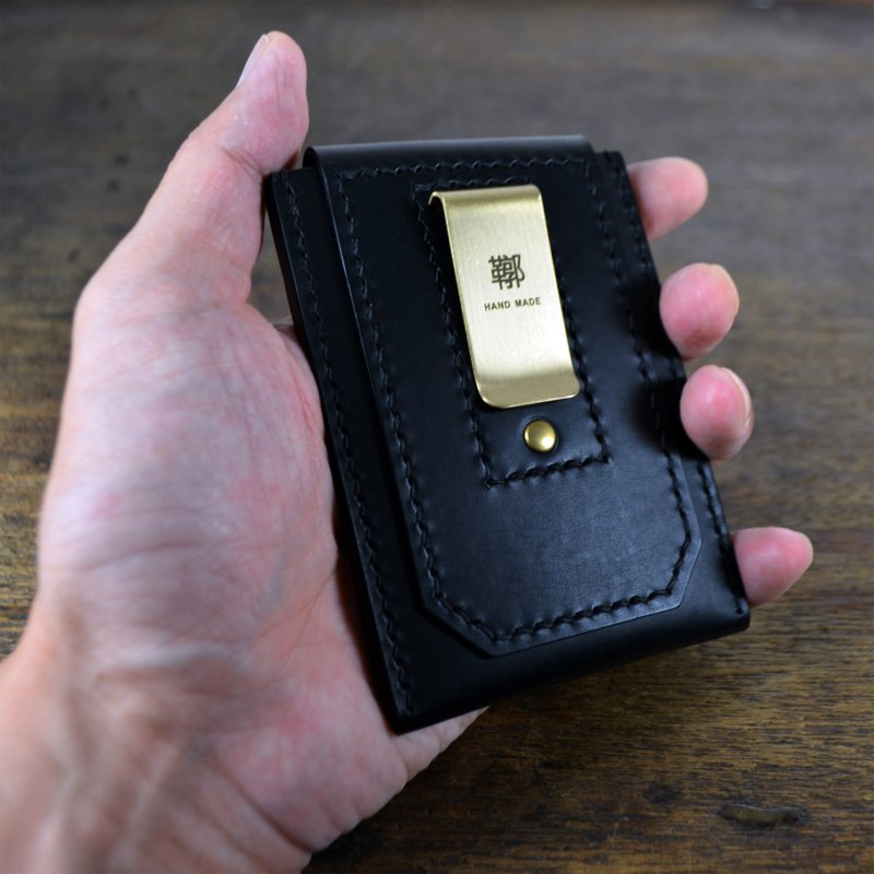 意大利协会认证植鞣革 黑色手缝黄铜钞票夹/名片夹/卡片夹 - 皮夹/钱包 - 真皮 黑色