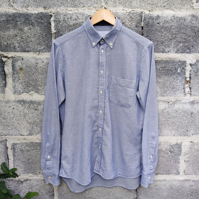 Enrico Coveri 复古格纹针织蓝色格纹钮扣衬衫 - 男装衬衫 - 棉．麻 蓝色