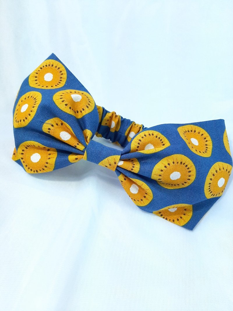 青蓝奇异果纹单蝴蝶结宽发带 - 发带/发箍 - 棉．麻 蓝色