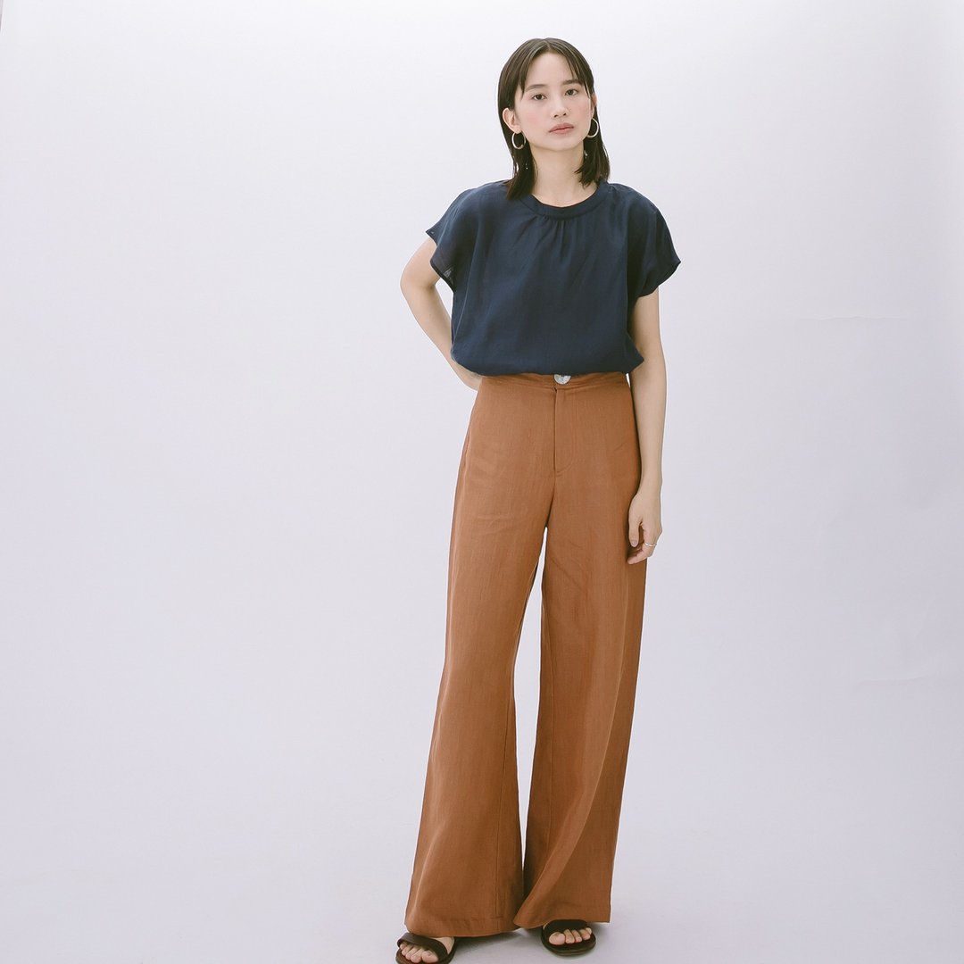 单扣宽管裤 - 棕 - 女装长裤 - 棉 咖啡色