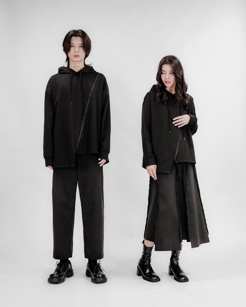 MUKK DESIGN 斜裁拉链连帽上衣 - 中性连帽卫衣/T 恤 - 聚酯纤维 黑色