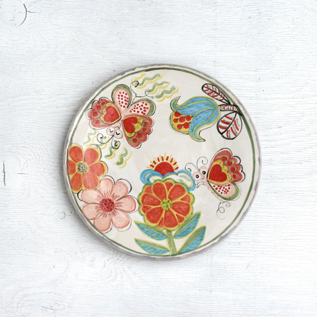 Flat plate with blue tulips, flowers and butterflies - 盘子/餐盘/盘架 - 陶 蓝色