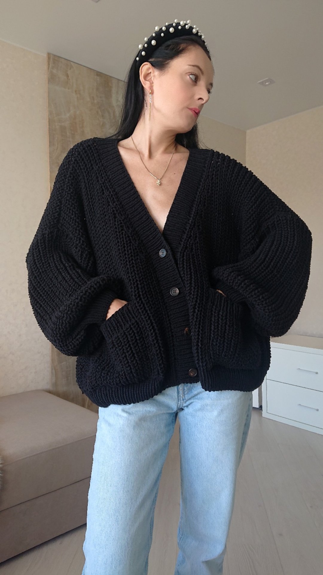 纯棉手工针织开襟外套 Black 针织外套 宽松针织开襟外套 毛衣外套 - 女装针织衫/毛衣 - 棉 