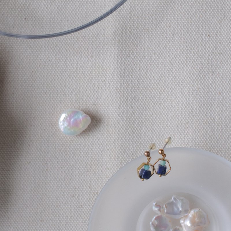天然石几何耳环-夜雨/耳针/夹式/可定制 - 耳环/耳夹 - 水晶 蓝色