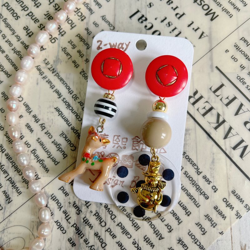 wow handmade 红白相见 复古钮扣耳环 2way设计 送礼推荐 - 耳环/耳夹 - 其他材质 
