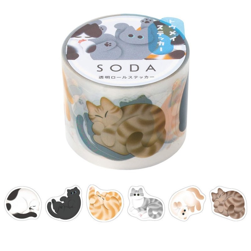 【HITOTOKI 】SODA 透明PET卷状胶带 单张贴纸款 30MM 滚滚猫 - 纸胶带 - 其他材质 多色
