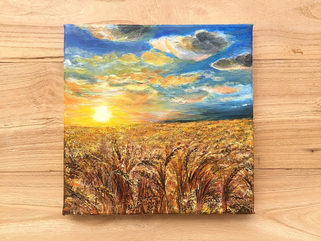 【麦田】丙烯风景画原作 | 金黄夕阳晚霞挂画 | 玄关书房空间摆设 - 海报/装饰画/版画 - 棉 