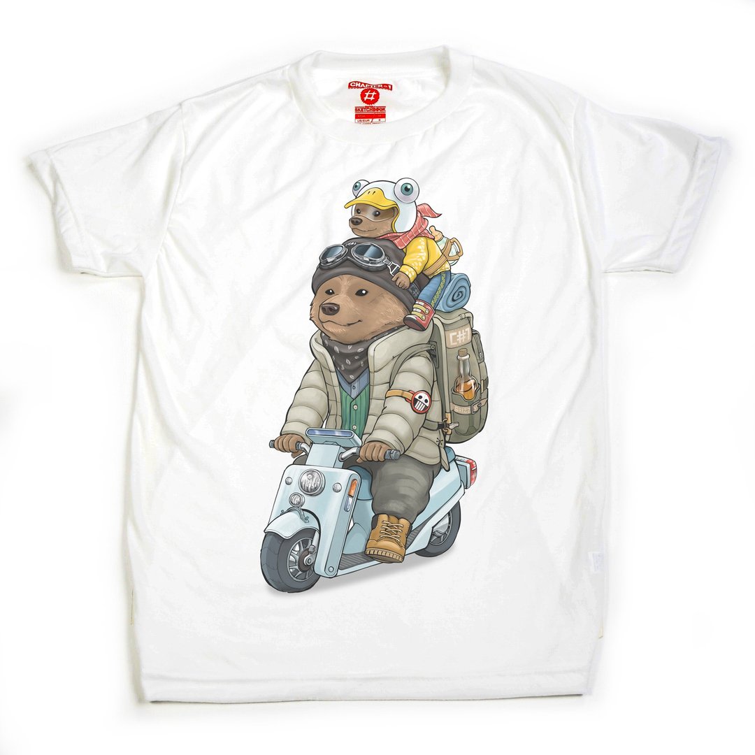 亲子骑乘机车的熊熊 T-shirt - 男装上衣/T 恤 - 棉 白色