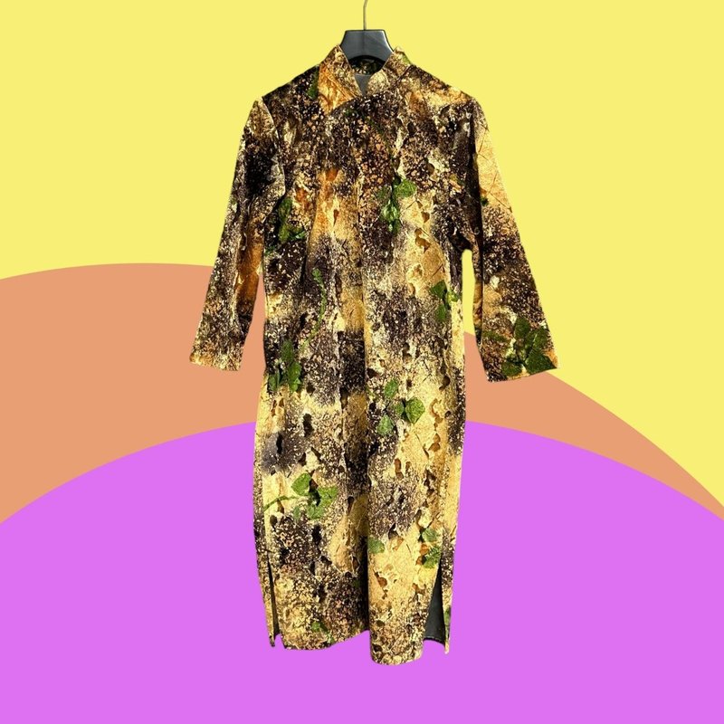 二手 古董订制 棕咖绿 绒布 光泽 开衩 长袖 旗袍 CA404 - 洋装/连衣裙 - 聚酯纤维 咖啡色