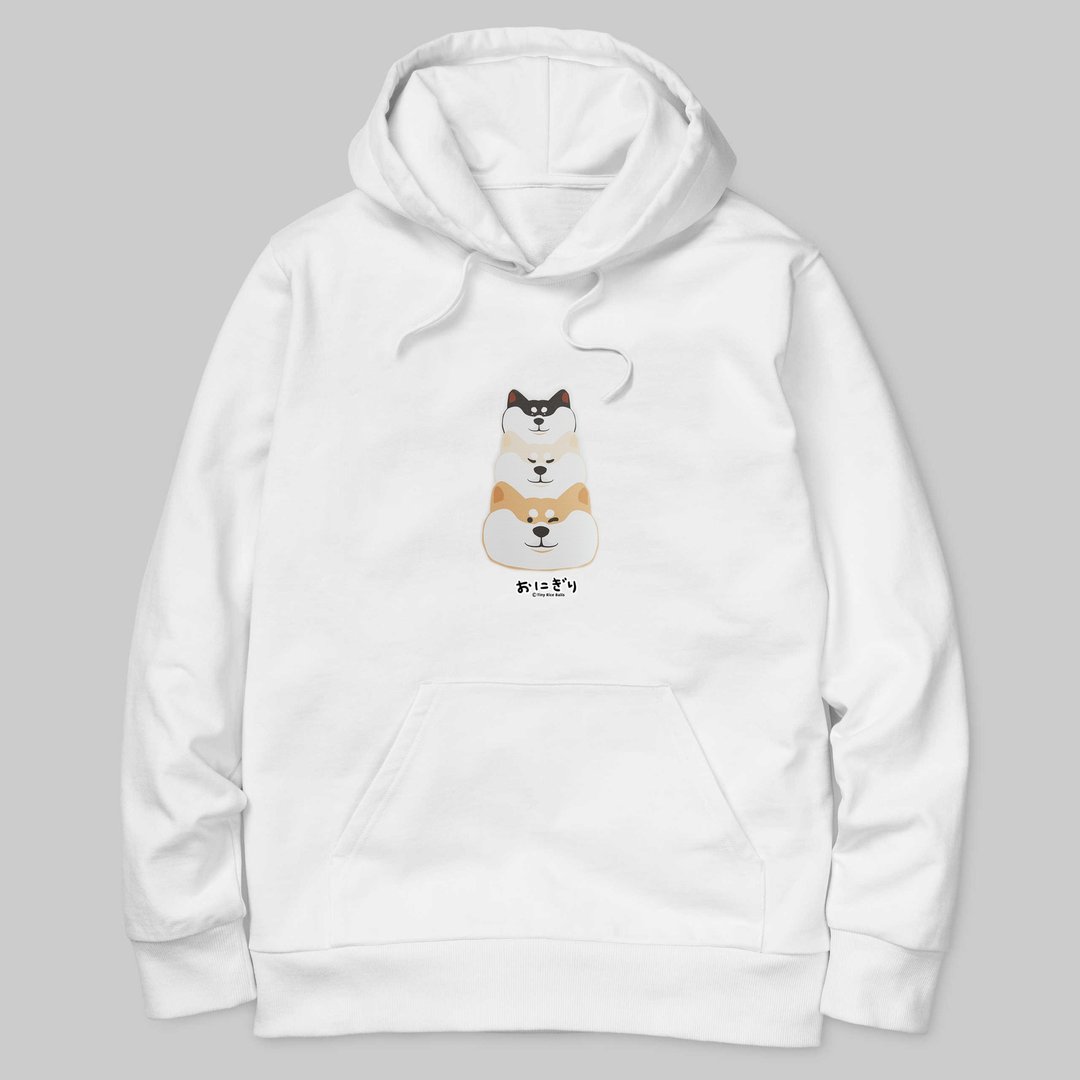 Shiba Inu Hoodie 小饭团  大中小叠叠乐麻吉柴 内磨毛 暖暖帽T - 中性连帽卫衣/T 恤 - 棉．麻 白色