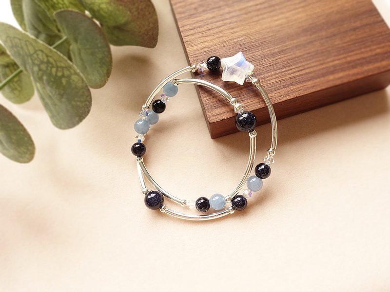 双圈手环 高等级 强蓝光 彩虹月光石 海蓝宝 蓝砂石 双圈 - 手链/手环 - 半宝石 银色