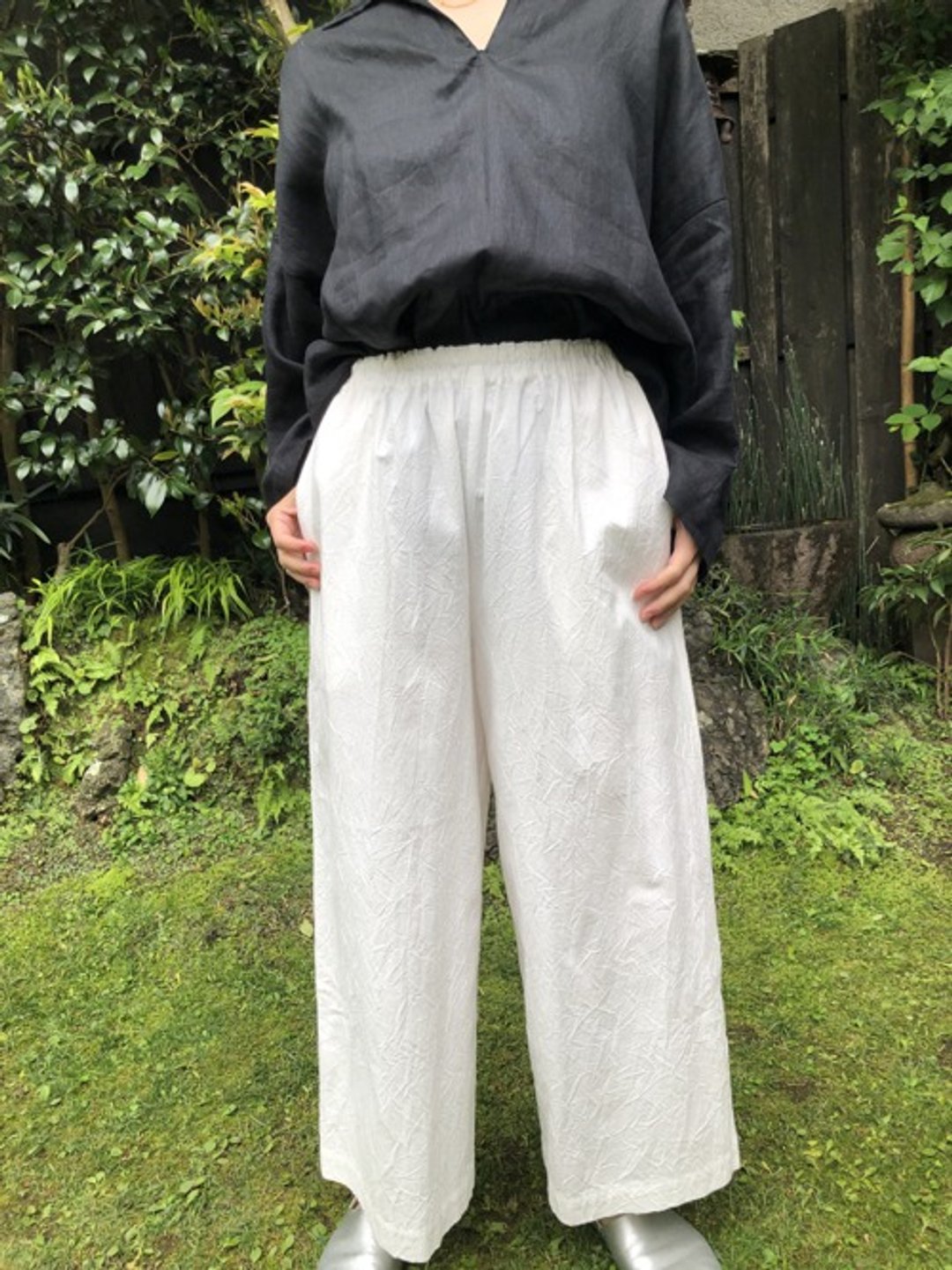 棉质水洗宽裤 - 白色 - 女装长裤 - 棉 