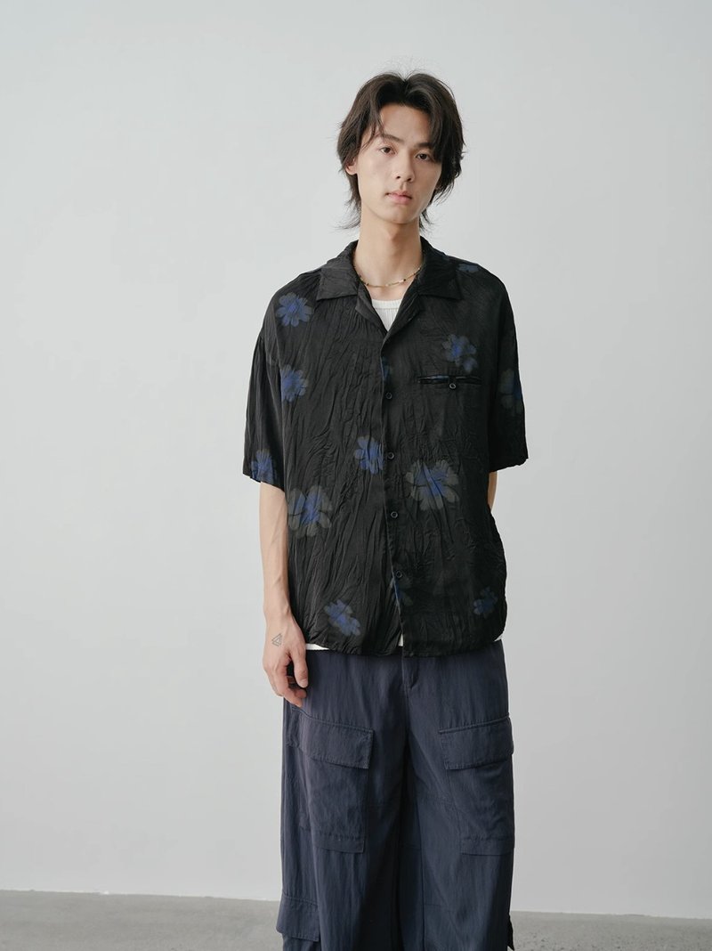 暗夜之花 丝感古巴领短袖衬衫 - 男装衬衫 - 其他材质 黑色