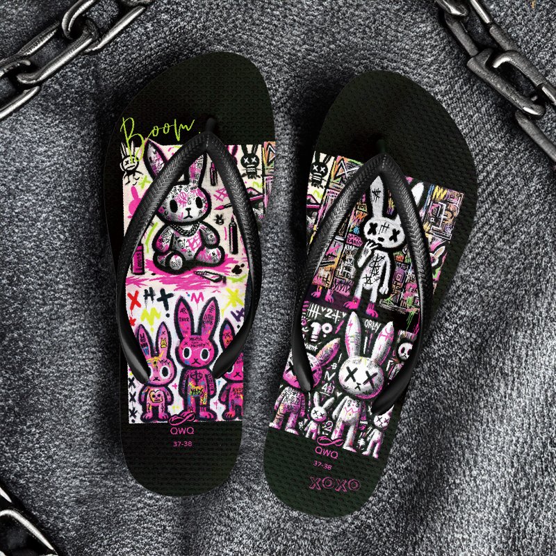 涂鸦兔兔 涂鸦系列 女款文创绘图夹脚拖鞋 软Q止滑耐磨人字拖 LE - 拖鞋 - 橡胶 多色