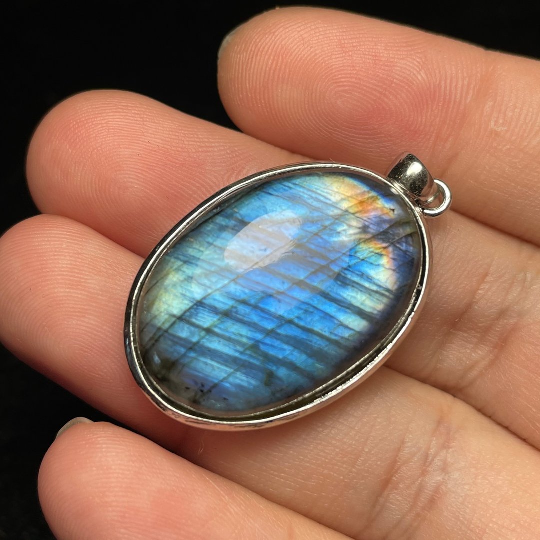 蓝色拉长石Labradorite 纯银厚银包镶 台湾手工制作 SB15 - 项链 - 半宝石 蓝色