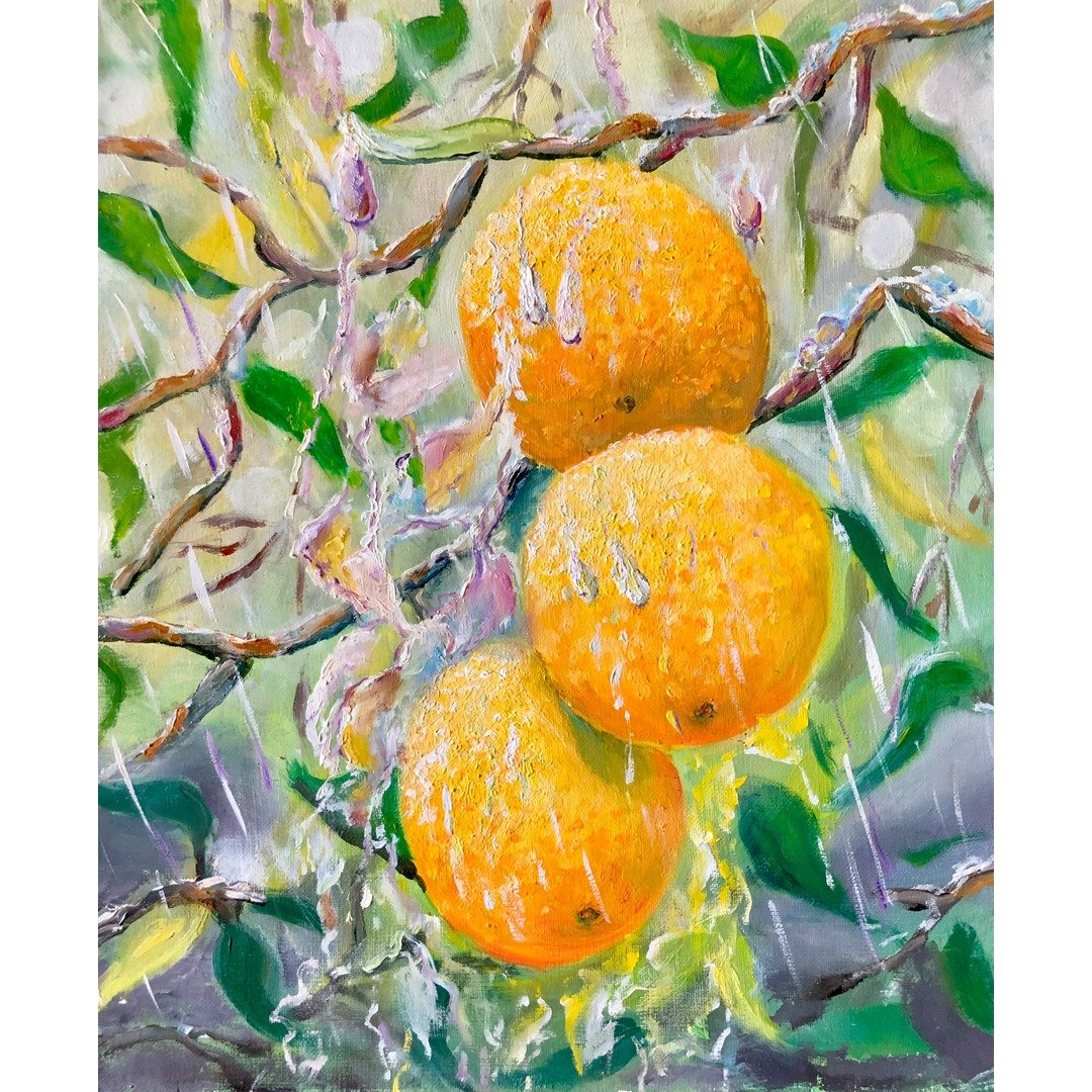 Orange Painting, Hand Painted Fruit Tree, Green Plant, Orange on a Branch  原創油畫 - 海报/装饰画/版画 - 棉 