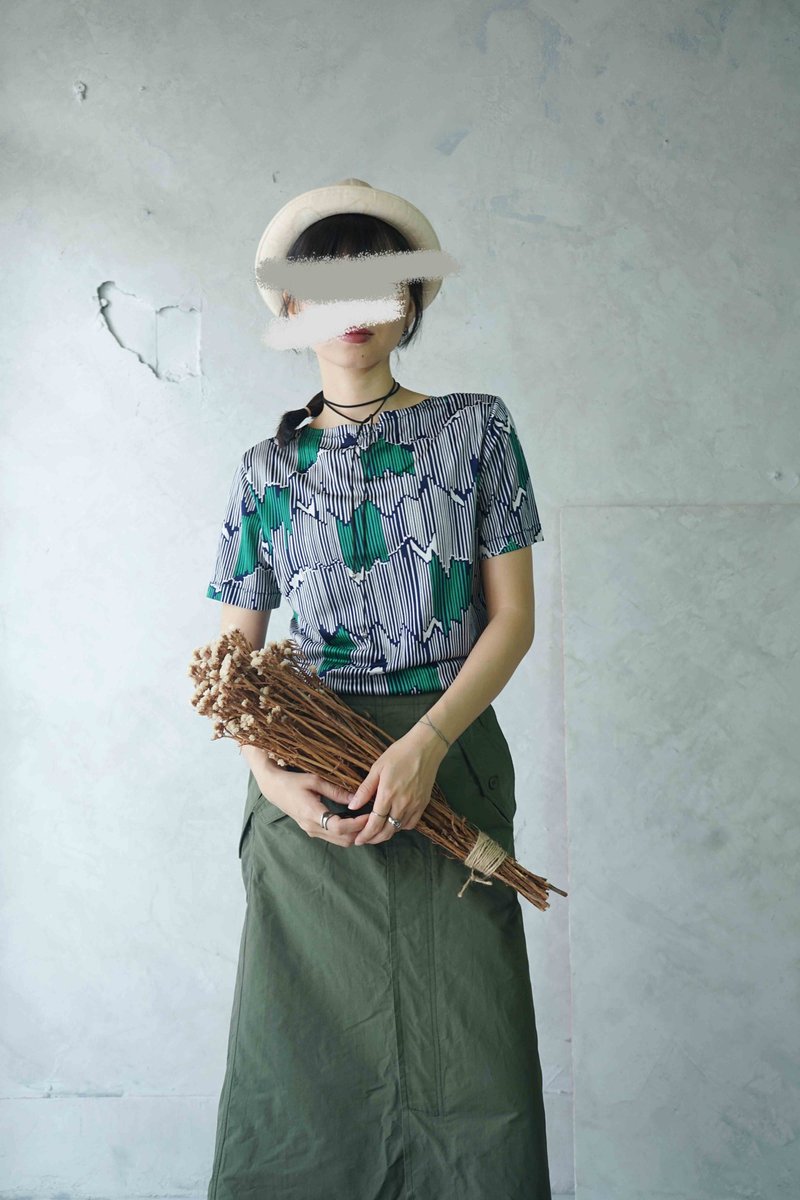 寻宝古着-北欧风格印花几何线条图案弹性针织上衣 - 女装上衣 - 聚酯纤维 多色