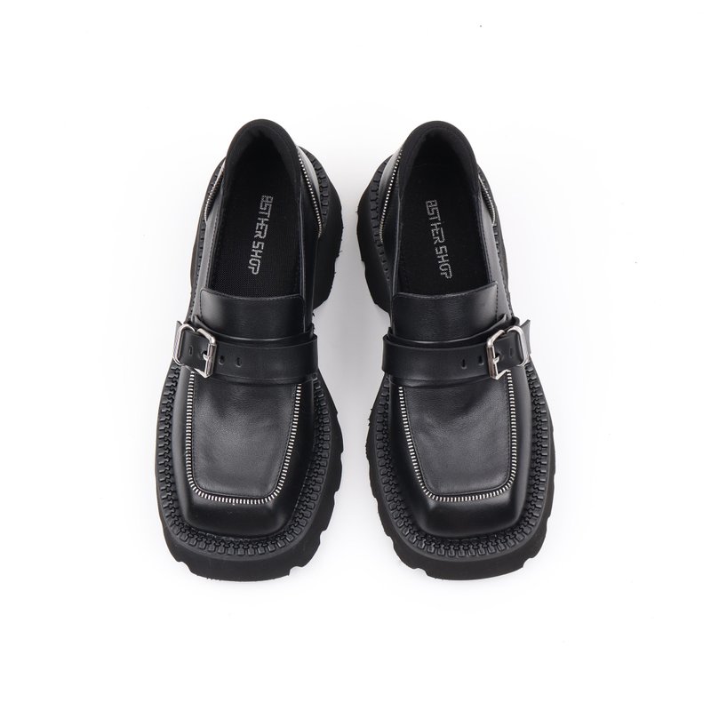 Asthershop原创 方头厚底乐福鞋 拉链金属装饰单鞋 一字带厚底鞋 - 女款休闲鞋 - 其他材质 