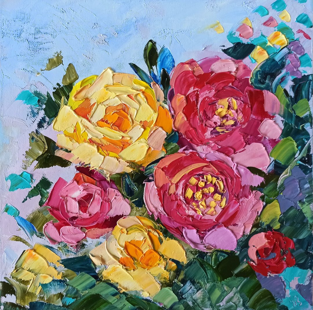 粉红玫瑰花卉原创艺术厚涂油画，画布上 30x30 厘米 - 墙贴/壁贴 - 其他材质 