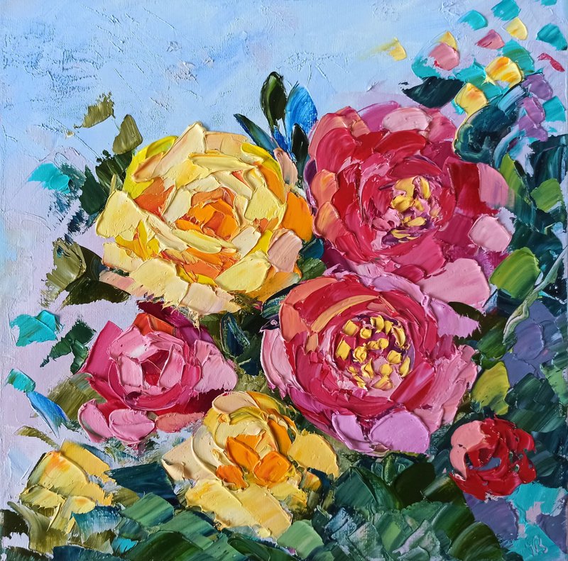 粉红玫瑰花卉原创艺术厚涂油画，画布上 30x30 厘米 - 墙贴/壁贴 - 其他材质 