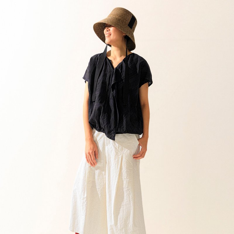 | 空气雾格 |  叠影不对称翻领缩口上衣 - 女装上衣 - 棉．麻 蓝色