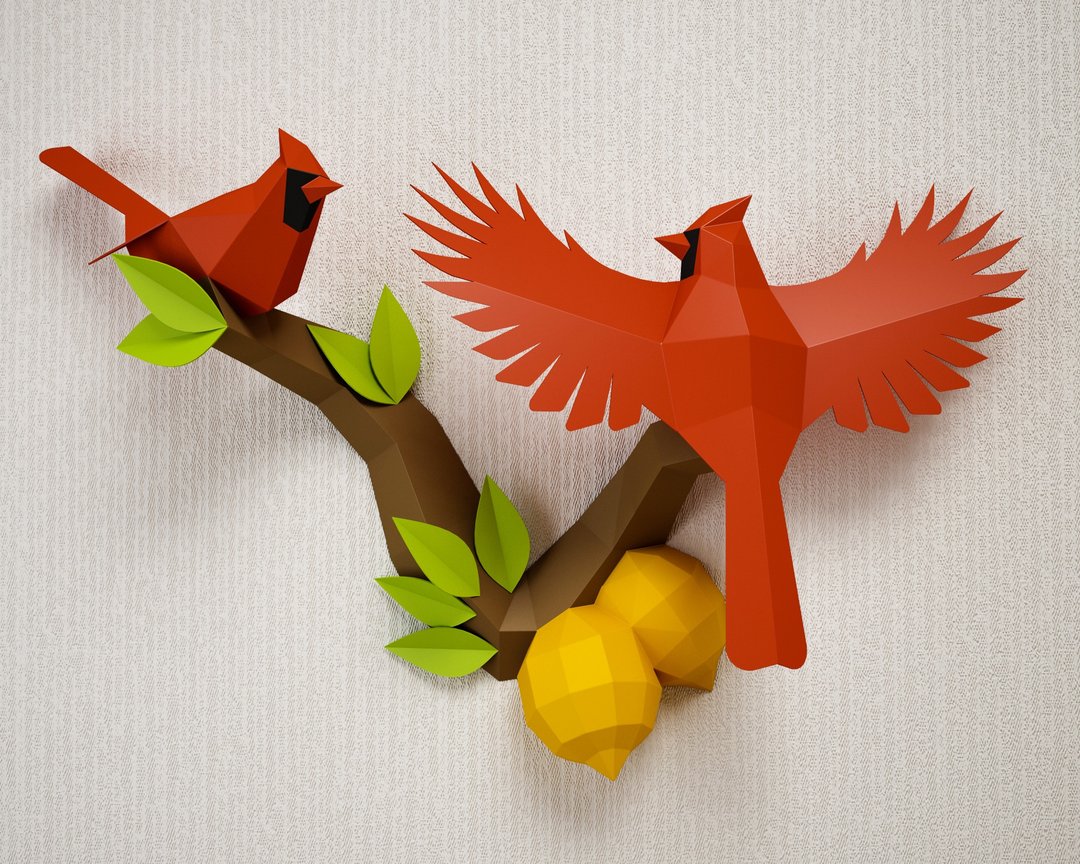 Papercraft Birds on a branch with lemons, Northern Cardinal, DIGITAL TEMPLATE - 手工艺教程/工具书 - 其他材质 