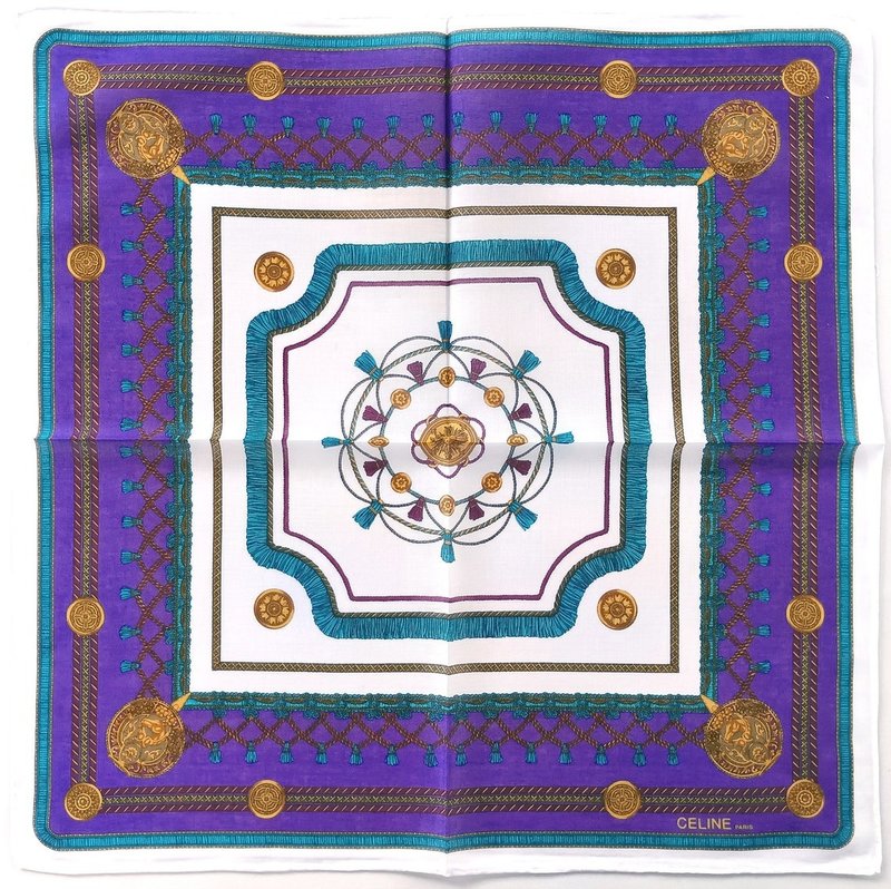 Celine Paris 古董手帕 - 马术纹章风格 18.5 x 18.5 英寸 - 手帕/方巾 - 棉．麻 蓝色