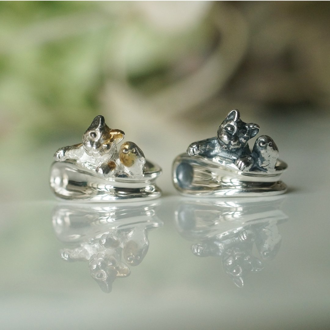 Cat and bird ear cuffs for left ear - 耳环/耳夹 - 纯银 银色