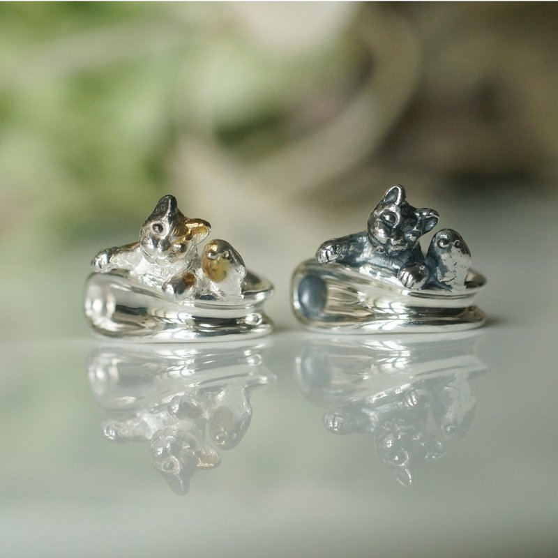 Cat and bird ear cuffs for left ear - 耳环/耳夹 - 纯银 银色