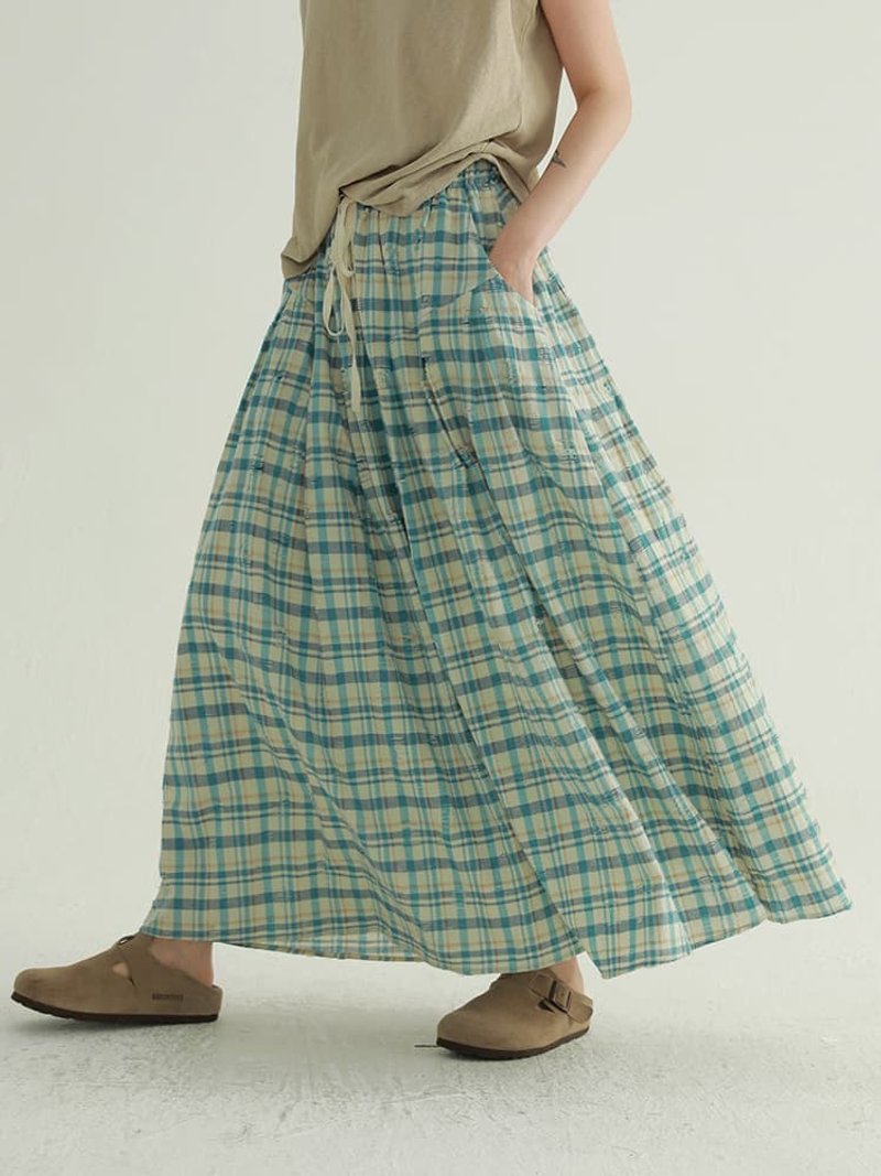 2顔色 做舊破洞格子半裙 休閒簡約百搭寬松顯瘦A字中長裙子 - 裙子 - 棉．麻 蓝色