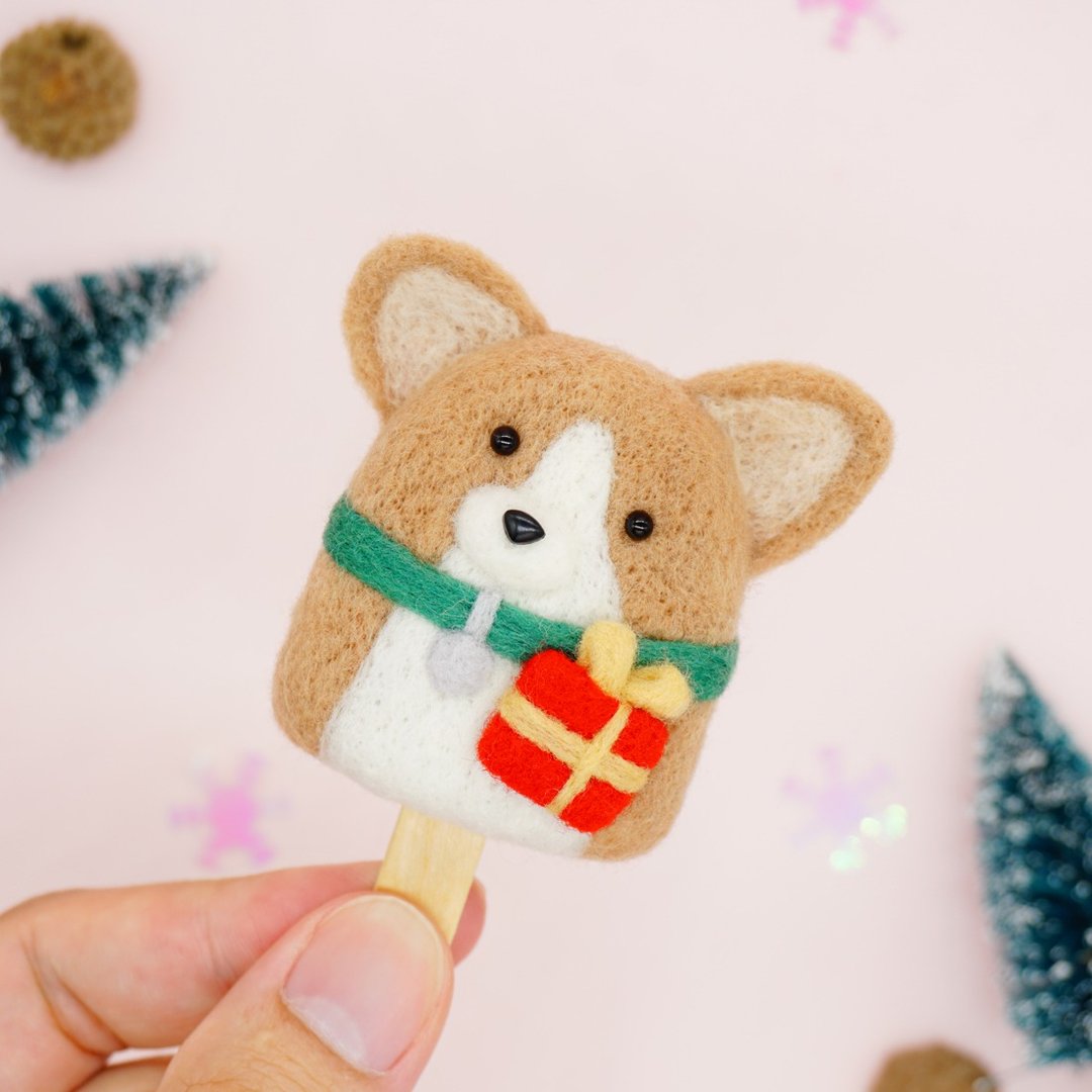 柯基犬雪糕圣诞礼物 羊毛毡科吉 狗狗钥匙圈钥匙链冰箱贴别针挂饰 - 钥匙链/钥匙包 - 羊毛 卡其色