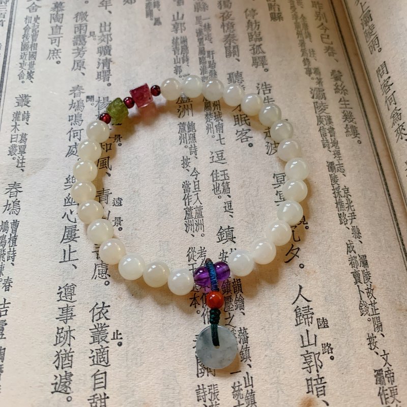 宜相照。天然藕粉和田玉6mm手链 翡翠小平安扣编织 碧玺石榴石 - 手链/手环 - 玉石 粉红色