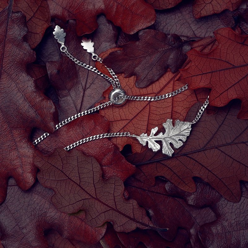 原创设计 手工雕刻 S925银镀金 橡树叶子手链 森林系 - 手链/手环 - 银 银色