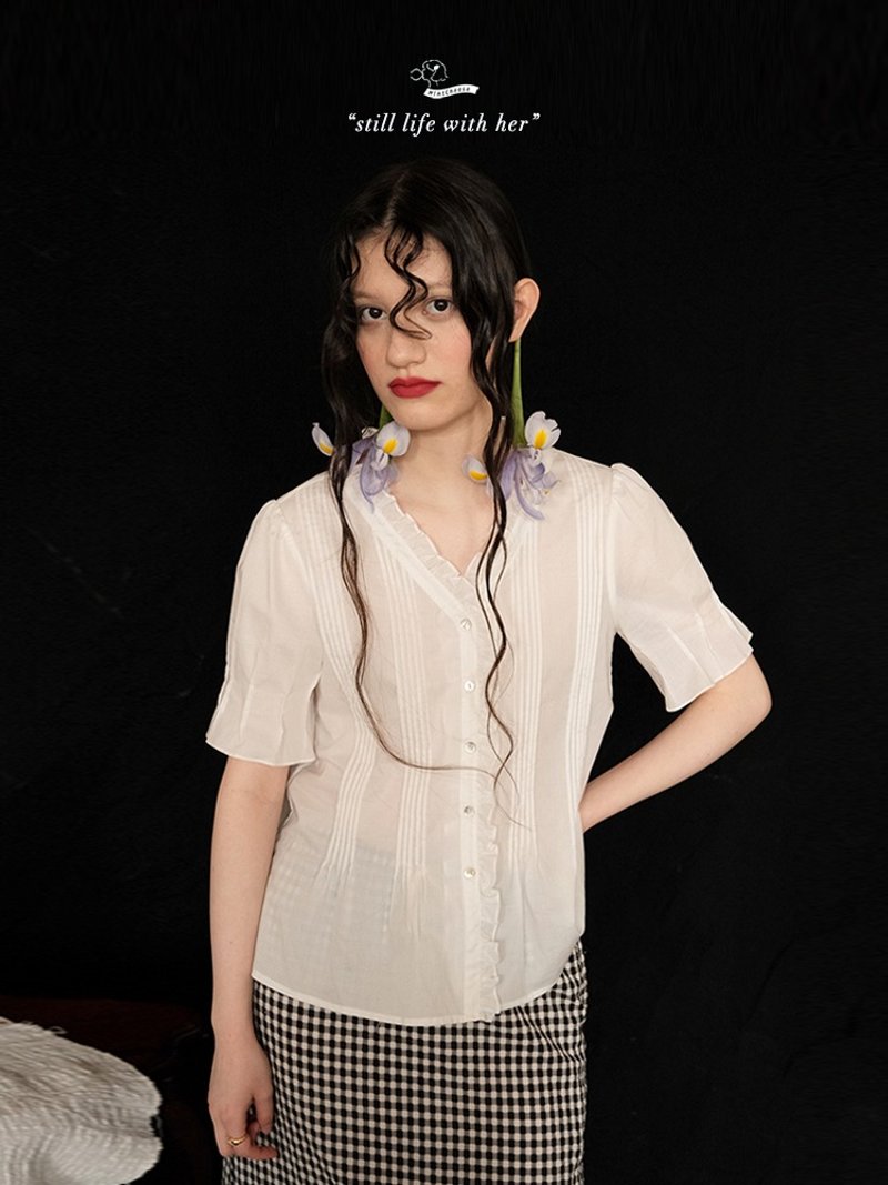 MintCheese 日产60支薄棉 法式细风琴褶古典v领浪漫衬衫 - 女装衬衫 - 棉．麻 多色