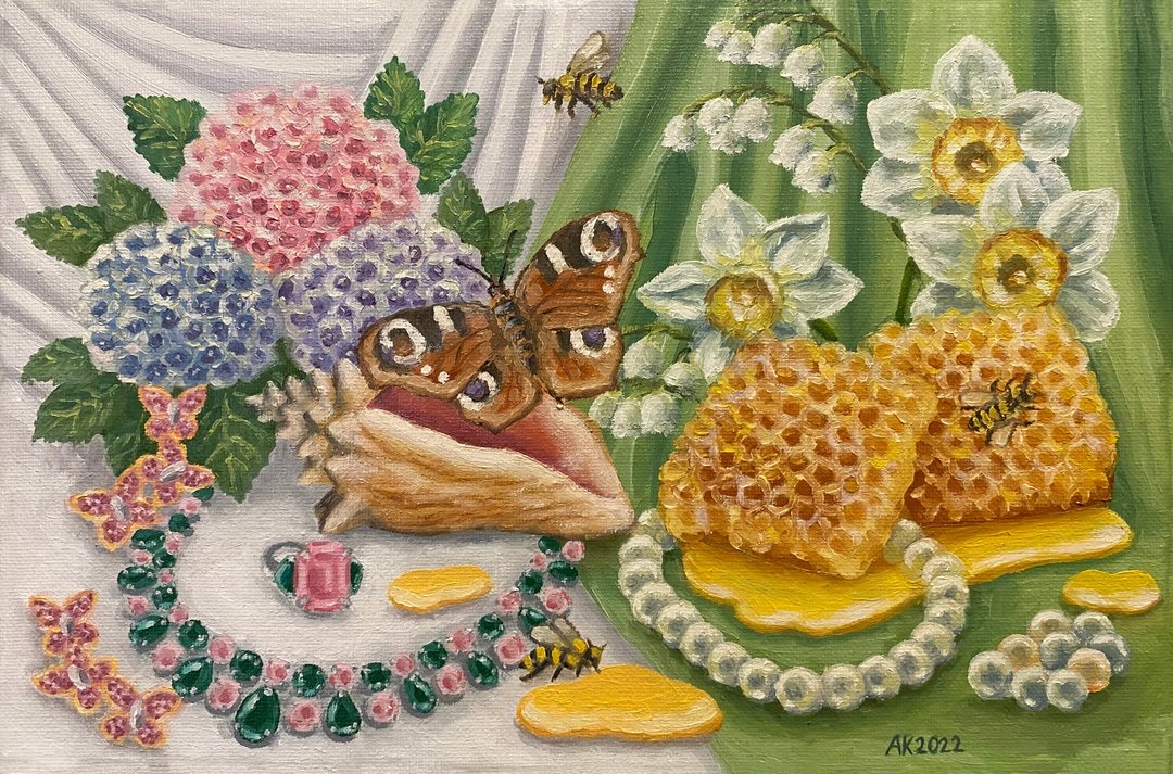 蜜蜂，原创油画，油画，珠宝，花卉，静物 - 墙贴/壁贴 - 其他材质 多色